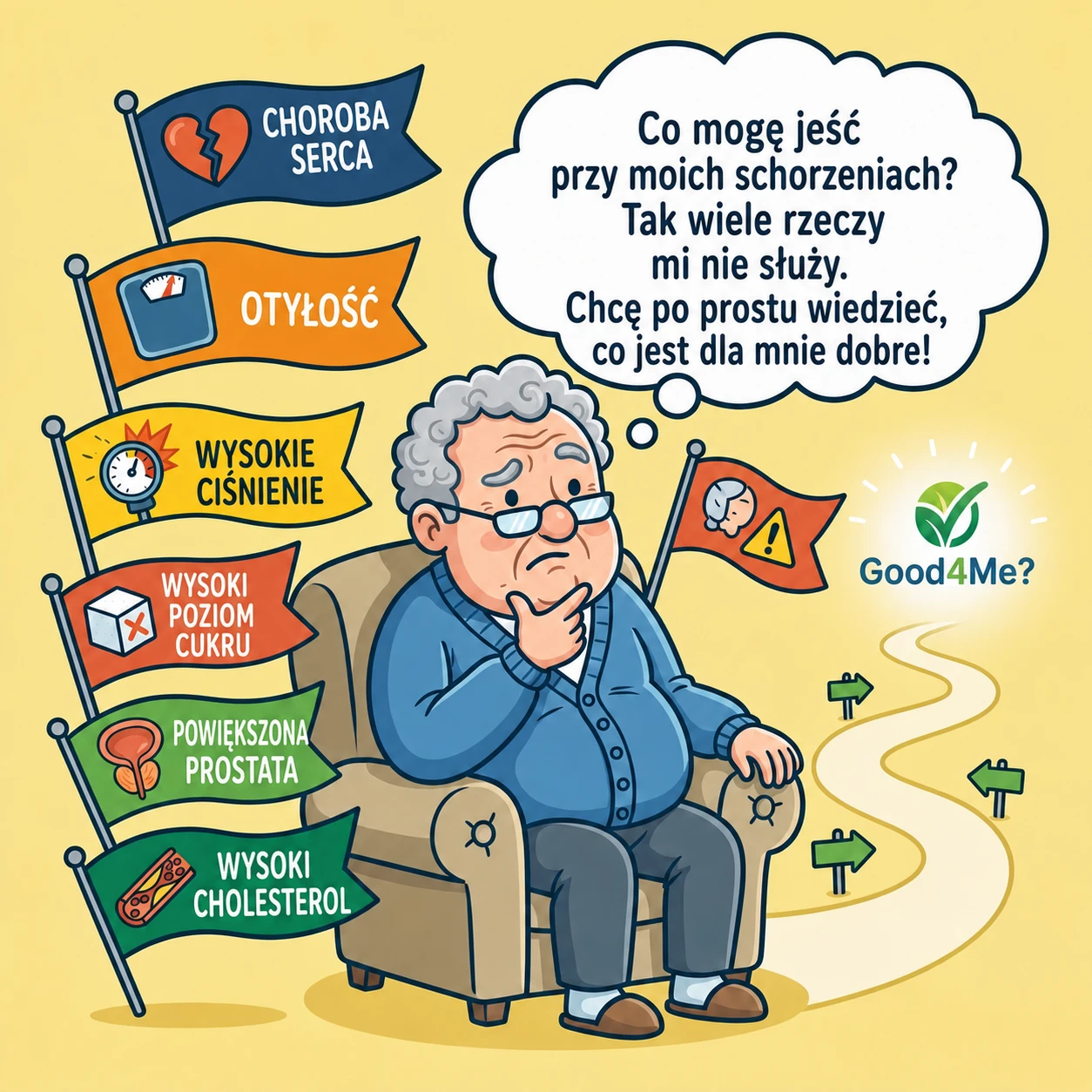 Starszy mężczyzna zastanawiający się nad dietą przy swoich schorzeniach