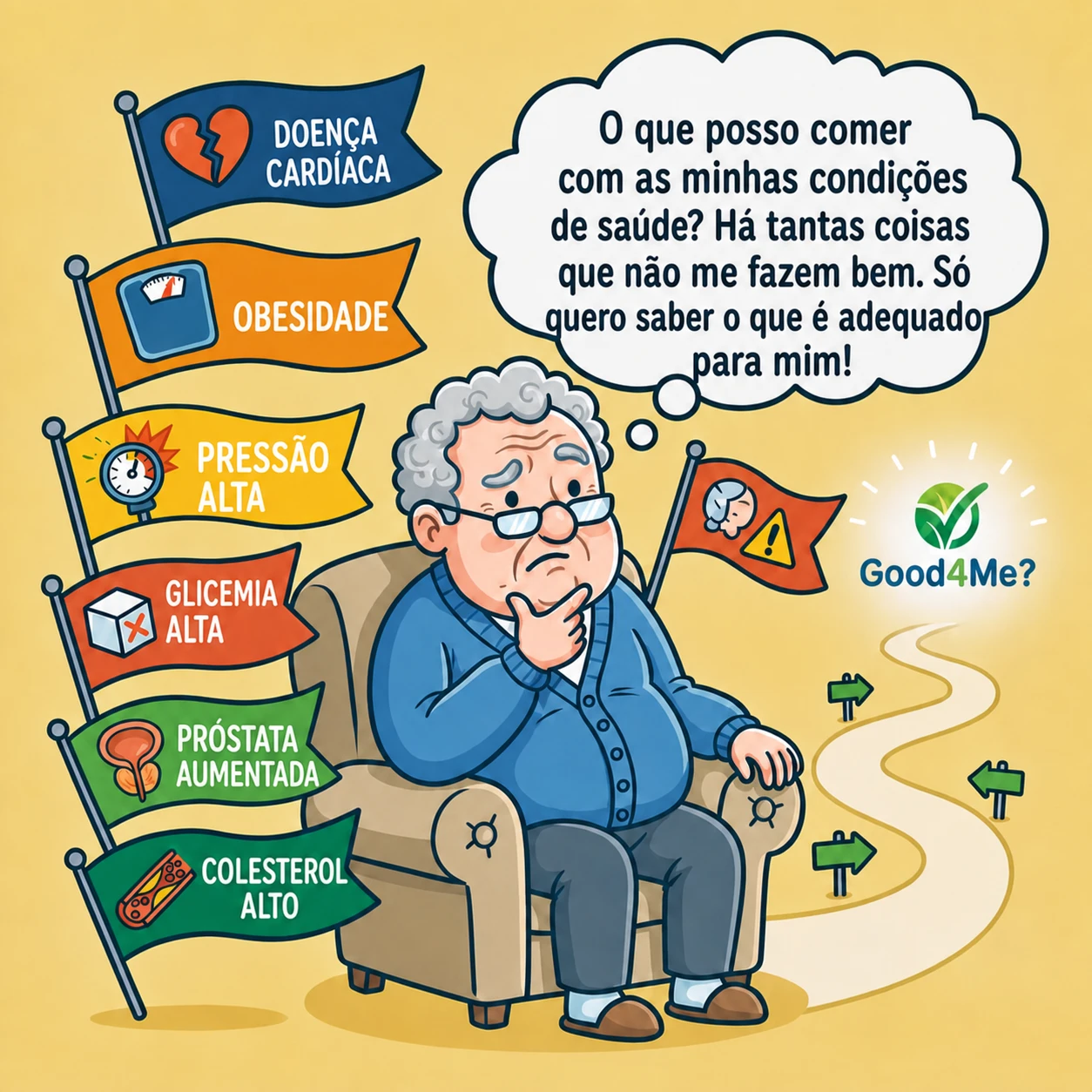 Um idoso se pergunta sobre sua dieta devido às suas doenças