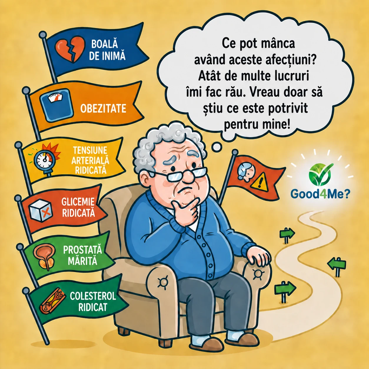 Un bătrân se gândește la dieta lui din cauza bolilor sale