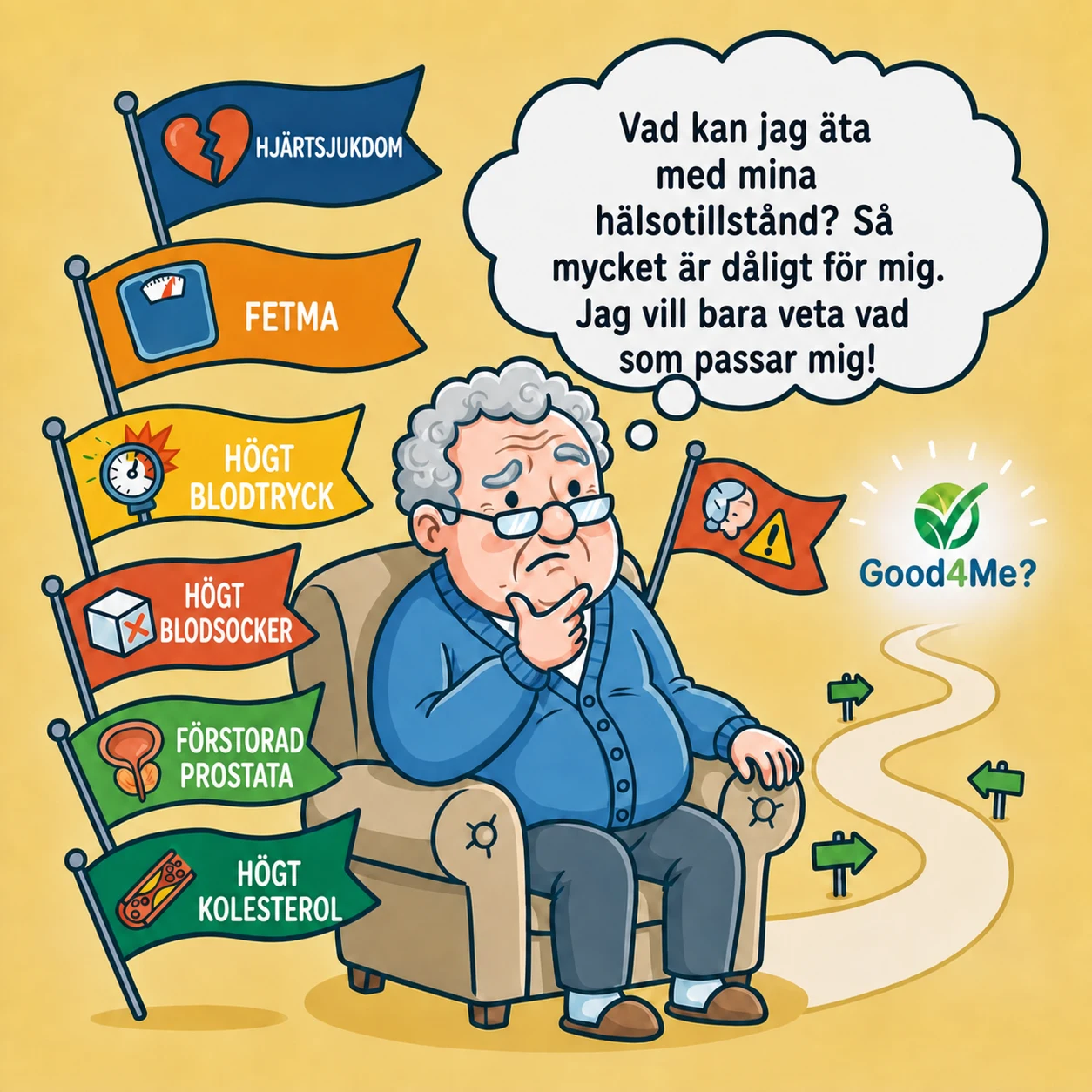 En äldre man undrar över sin kost på grund av sina sjukdomar