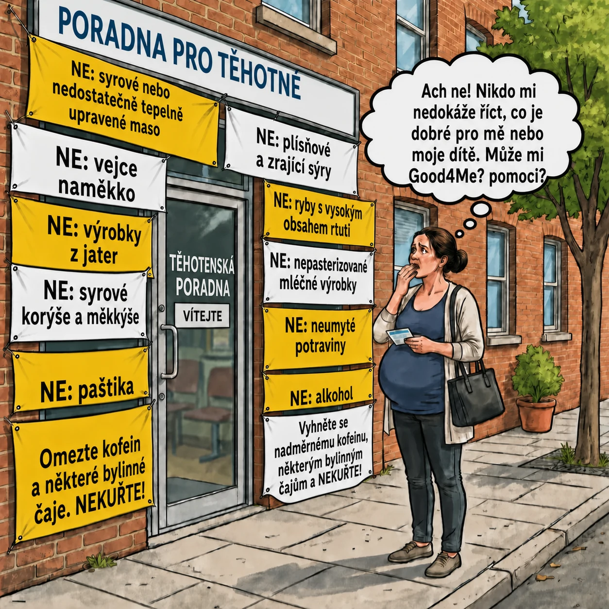 Těhotná žena před těhotenskou poradnou