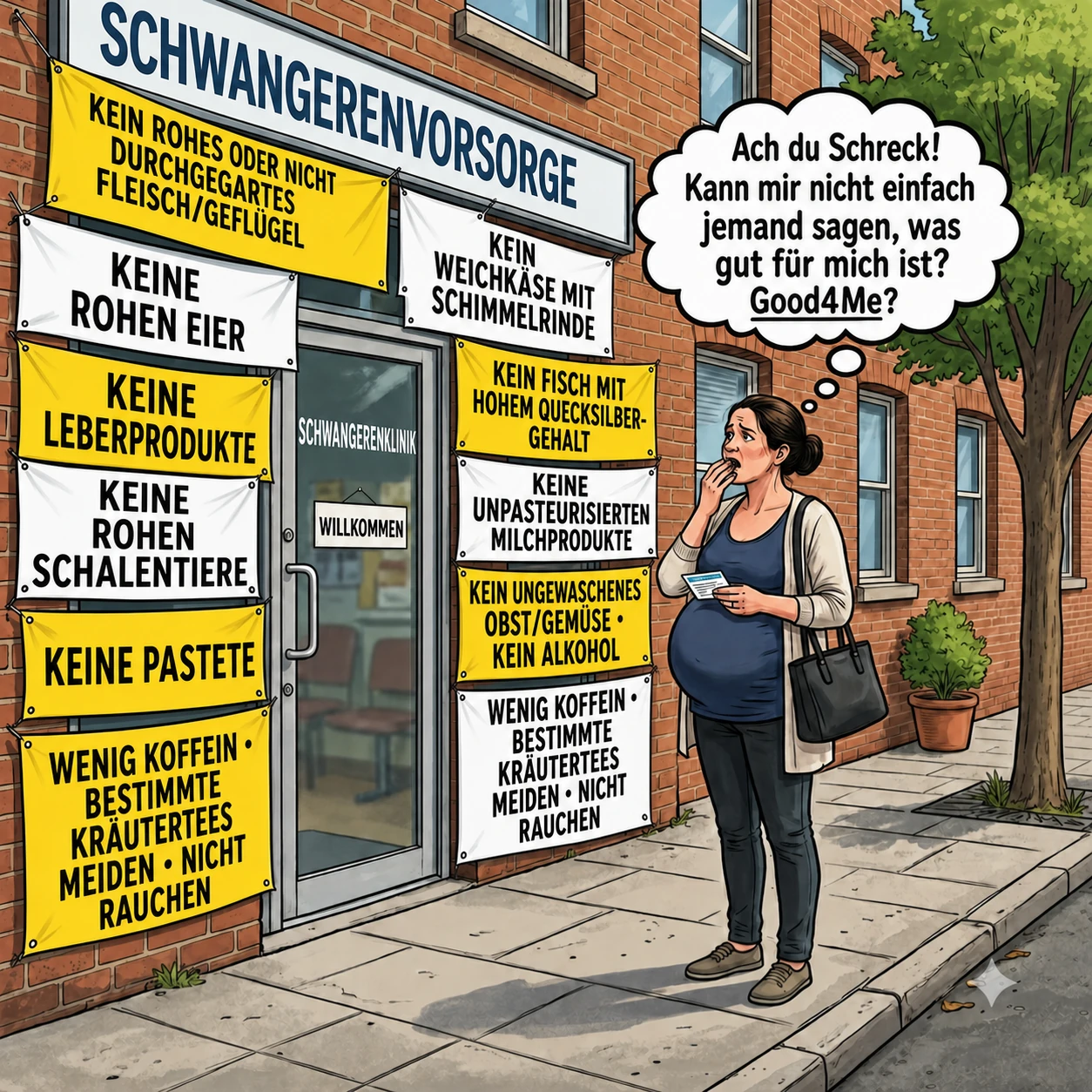 Schwangere Frau mit einer deutschsprachigen Gedankenblase über Lebensmittel
