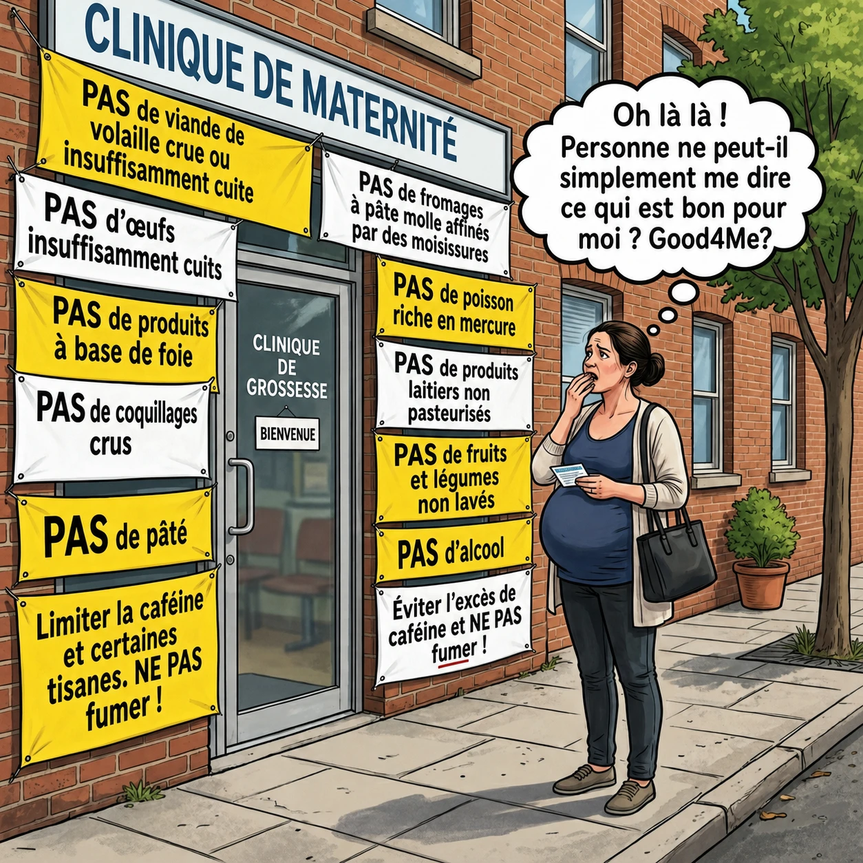 Femme enceinte avec une bulle de pensée en français sur les aliments