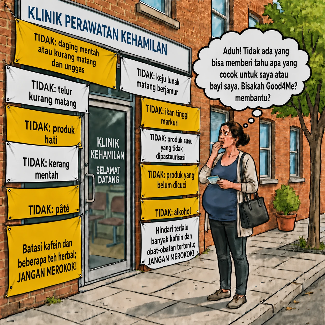 Wanita hamil di depan klinik kehamilan