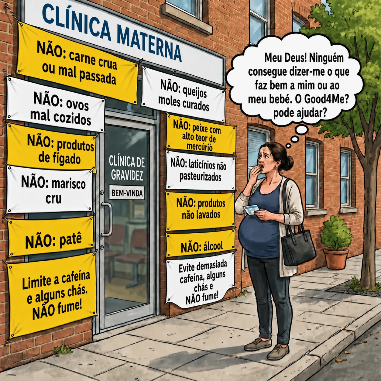 Uma mulher grávida em frente a uma clínica de gravidez