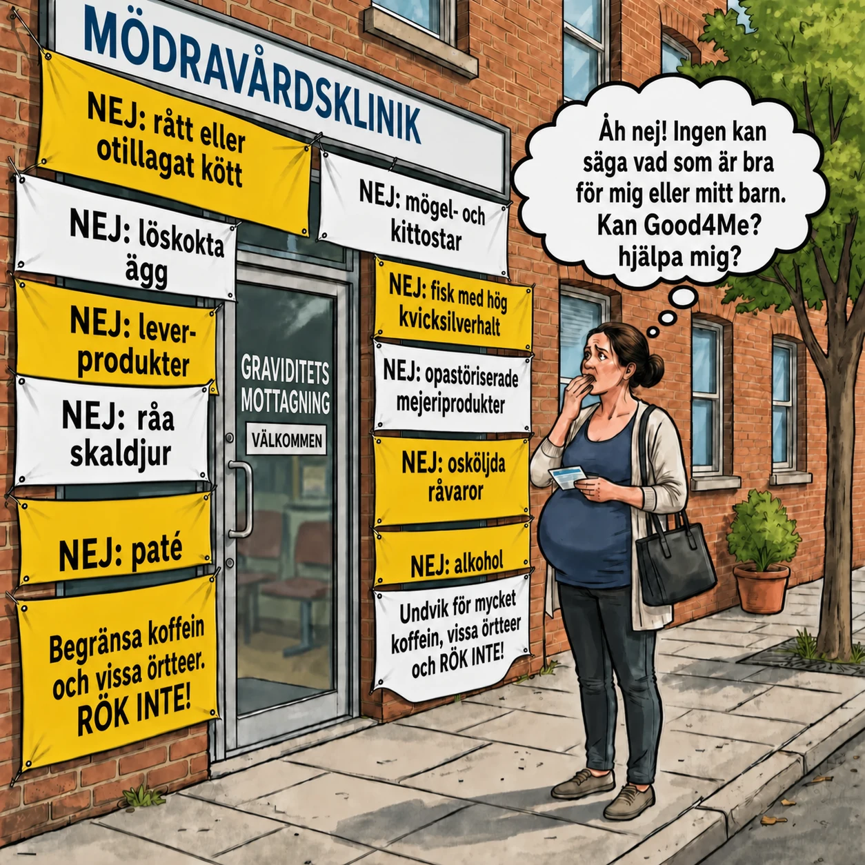En gravid kvinna framför en graviditetsklinik