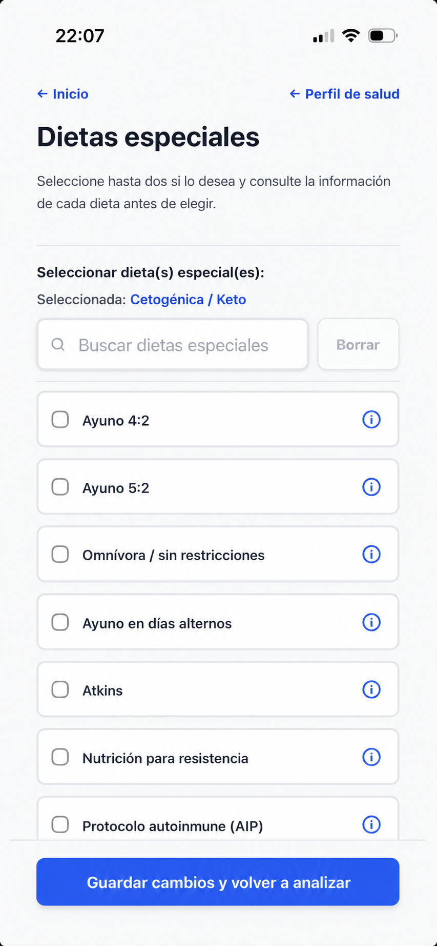 Añade dietas especiales