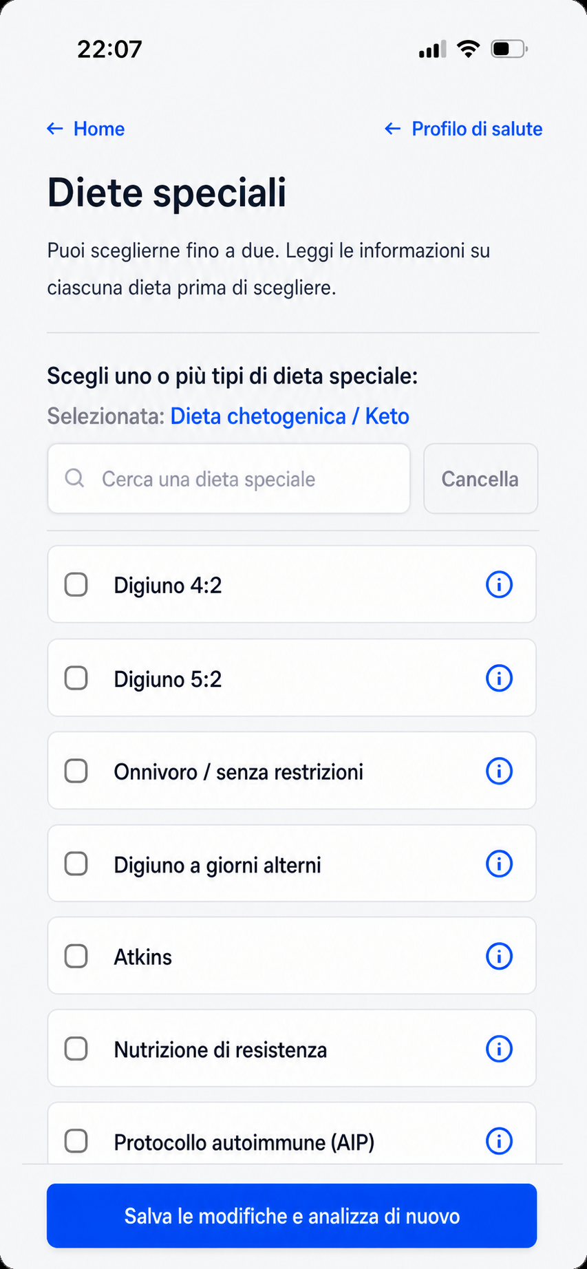 Aggiungi diete speciali