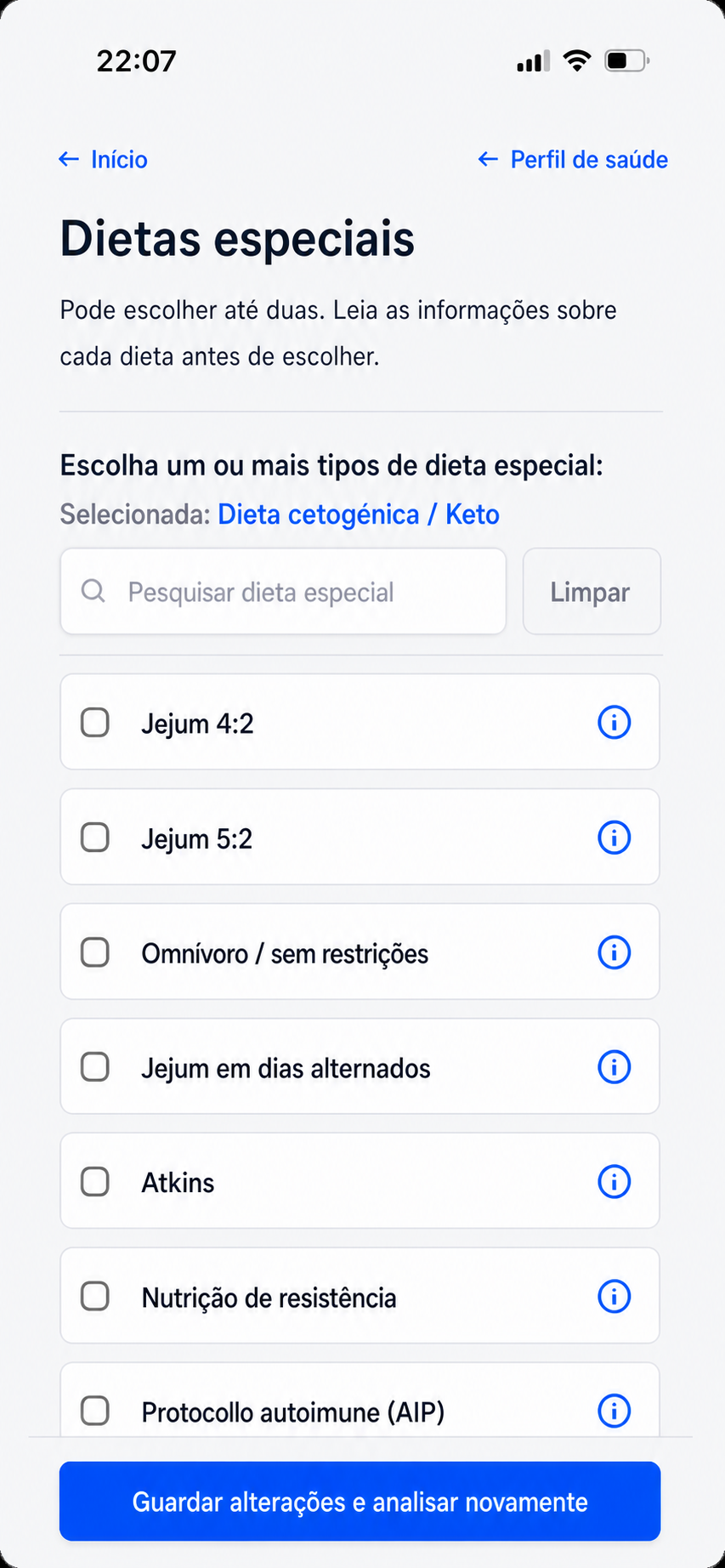 Adicione dietas especiais