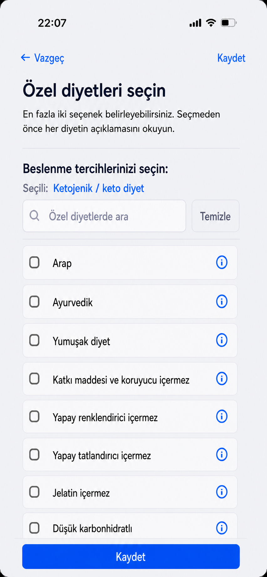 Özel diyetleri ekleyin