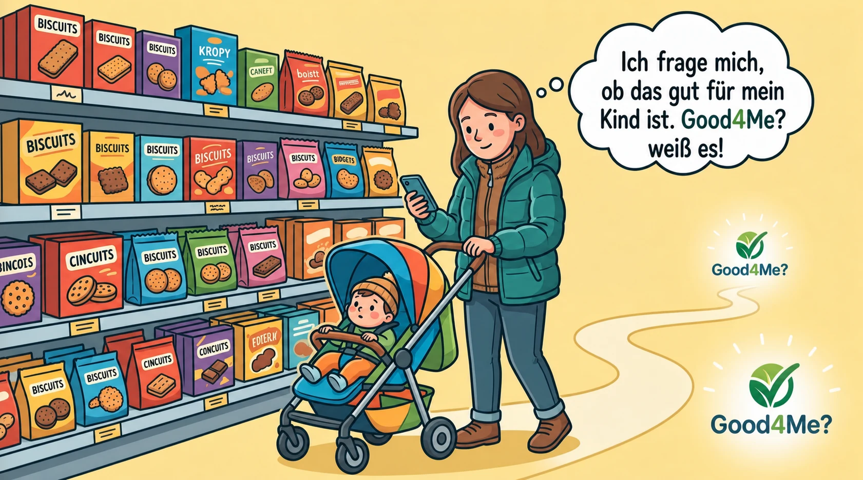 Mutter und Kind mit einer deutschsprachigen Gedankenblase über Good4Me?