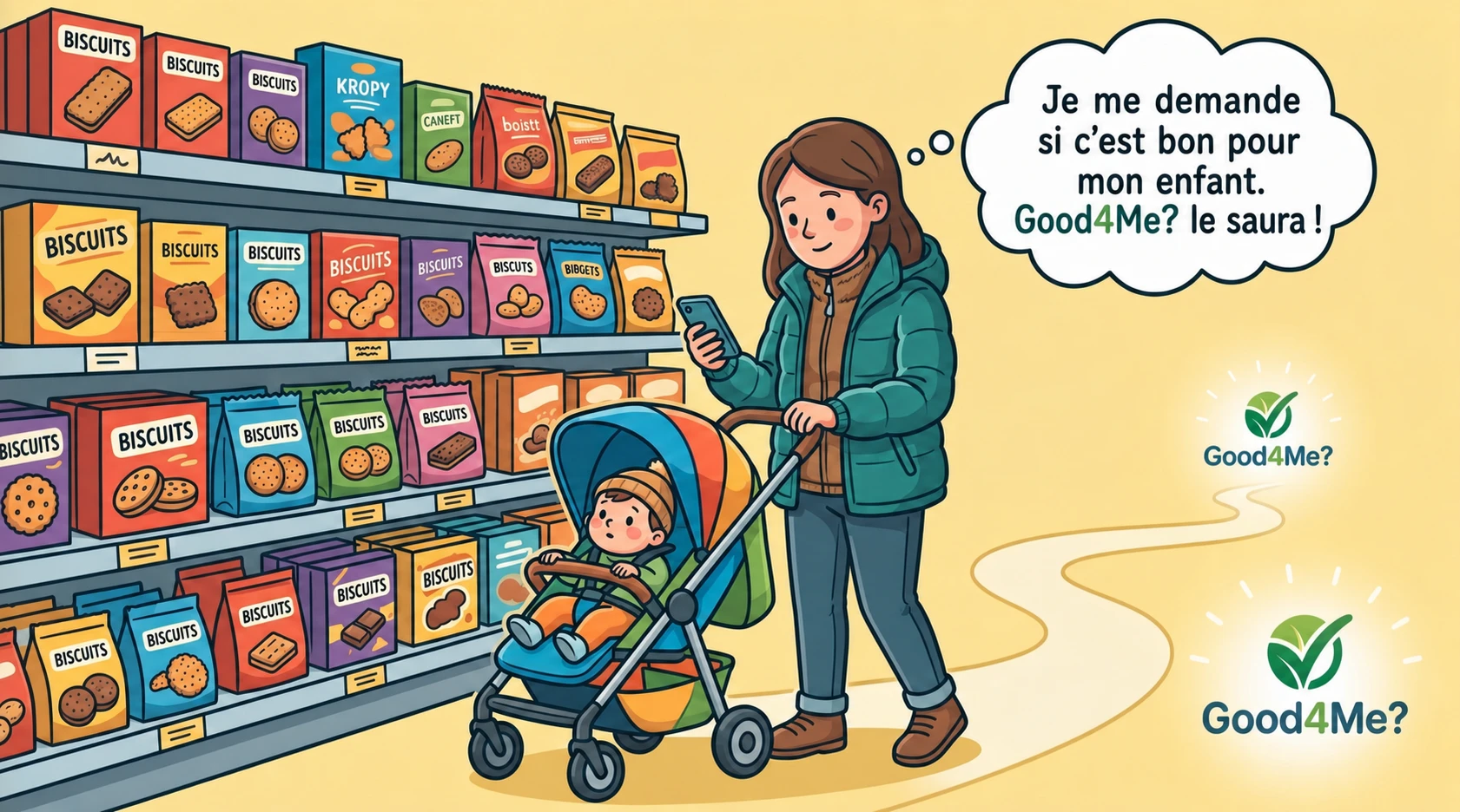 Mère et enfant avec une bulle de pensée en français à propos de Good4Me?