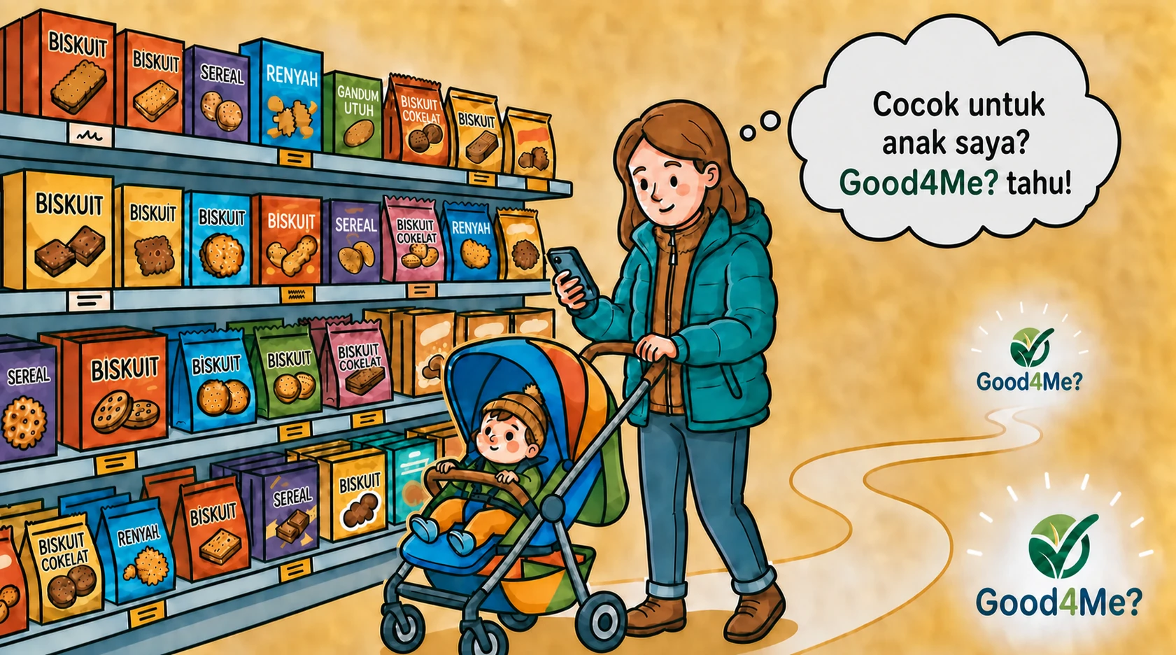 Ibu dan anak memilih makanan menggunakan Good4Me?