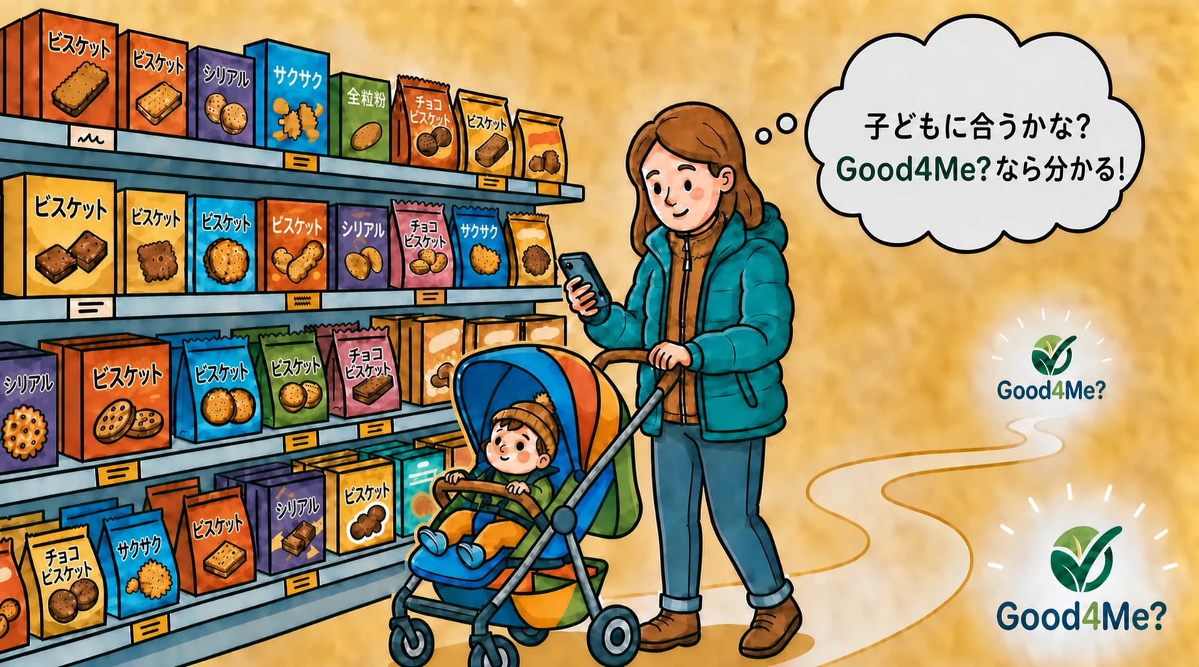 Good4Me?を使って母子が食べ物を選ぶ