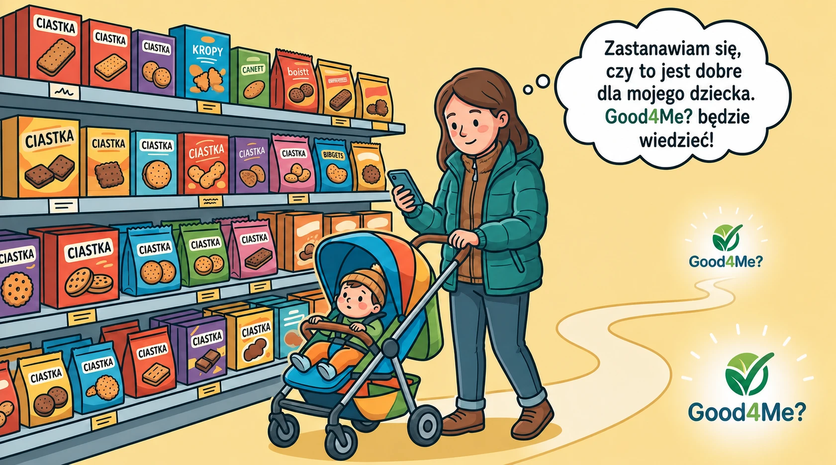Matka z dzieckiem wybierająca żywność z pomocą Good4Me?