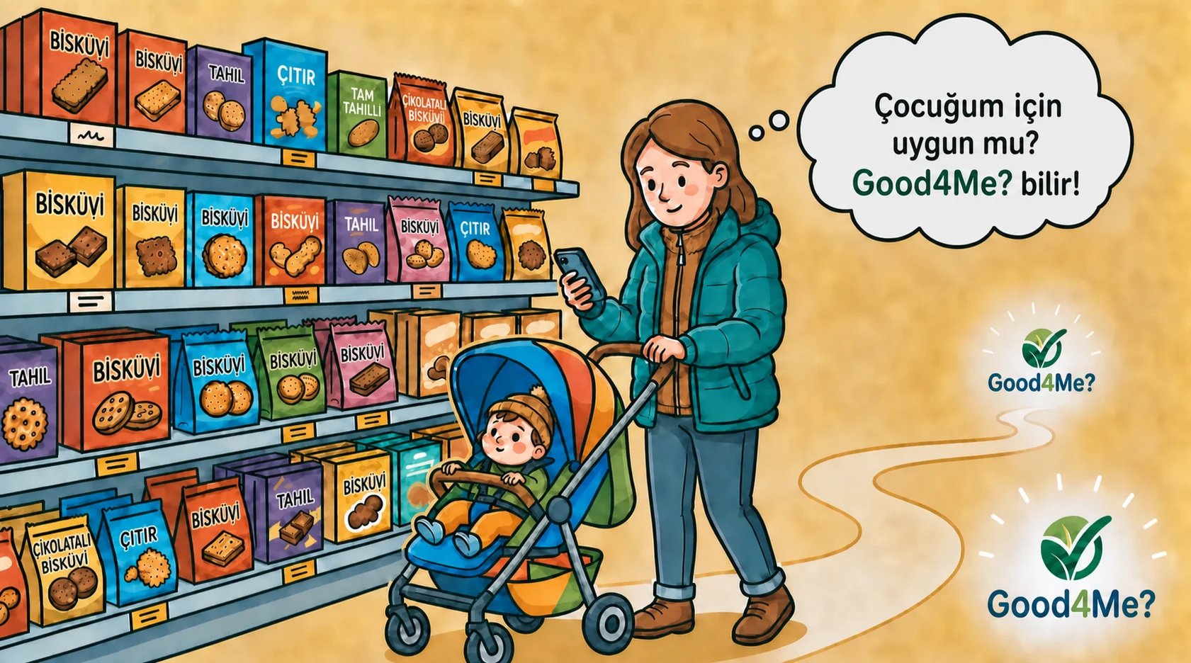 Anne ve oğul Good4Me? kullanarak yiyecek seçiyor